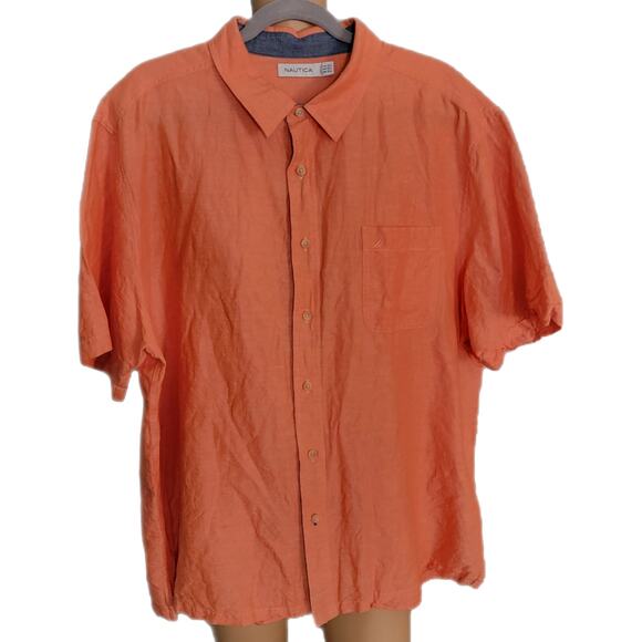 Nautica Classic-Fit Solid Linen Cotton Short-Sleeve Shirt Orange NWOT 3XL